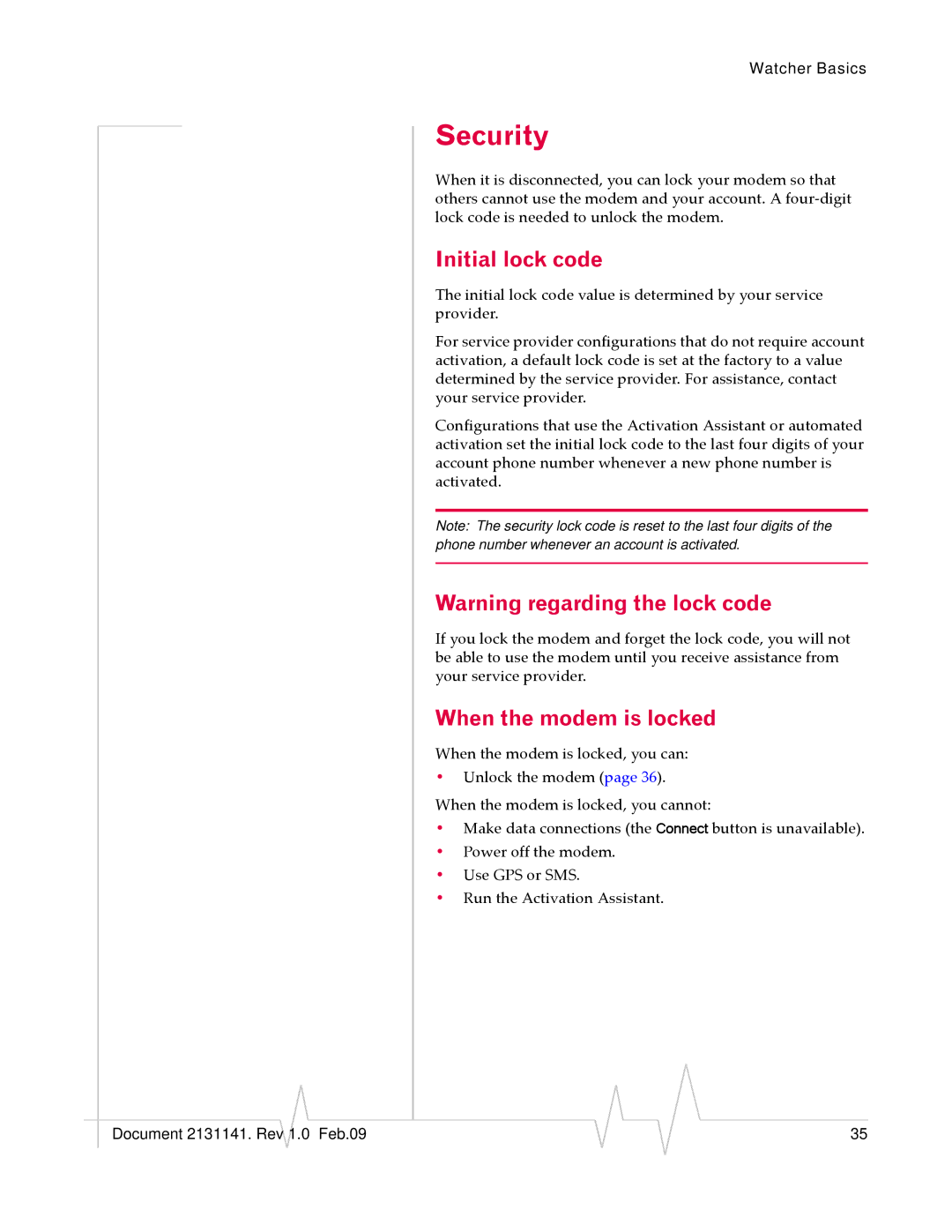 Sony USB 598 manual Security, Initial lock code, When the modem is locked 