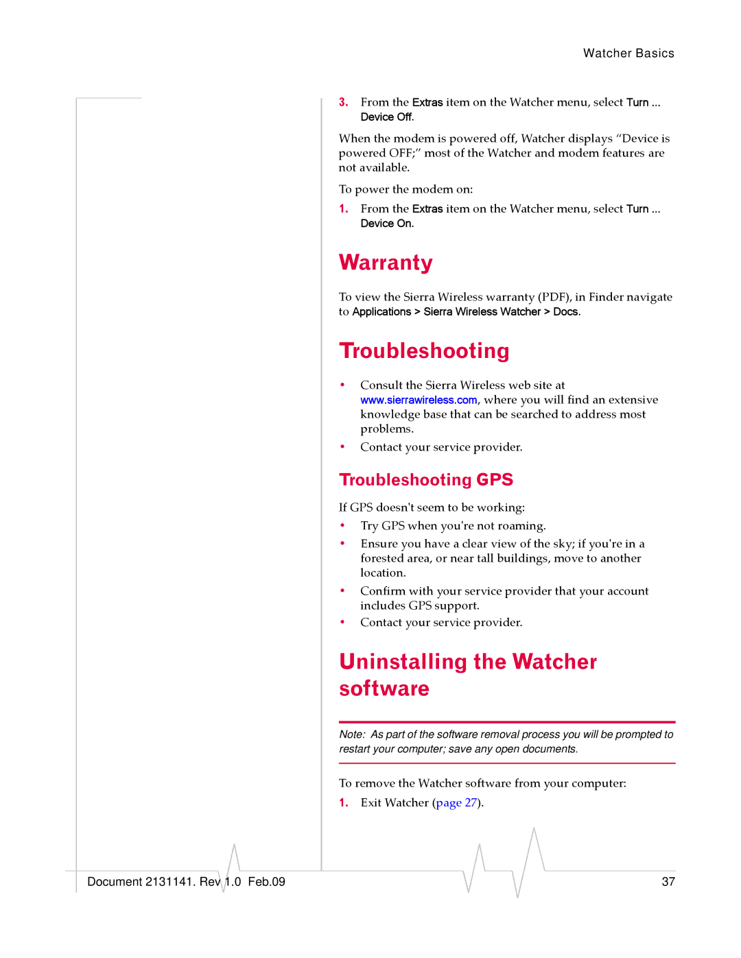 Sony USB 598 manual Warranty Troubleshooting, Uninstalling the Watcher software, Troubleshooting GPS 