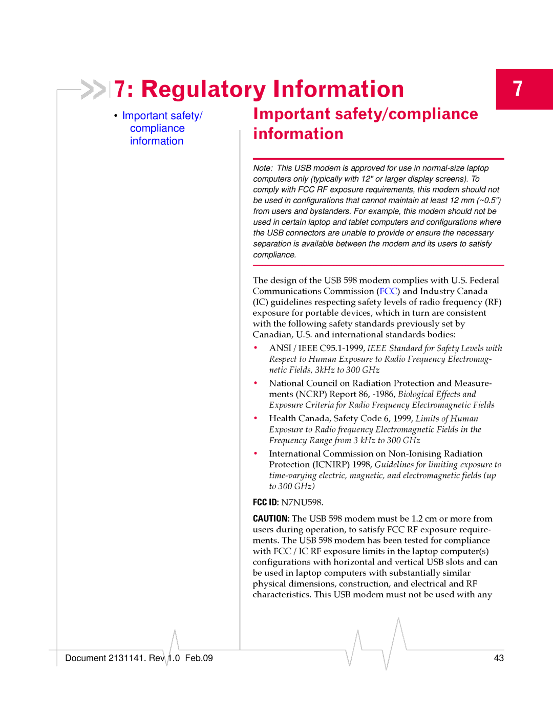 Sony USB 598 manual Regulatory Information, Important safety/compliance information, FCC ID N7NU598 