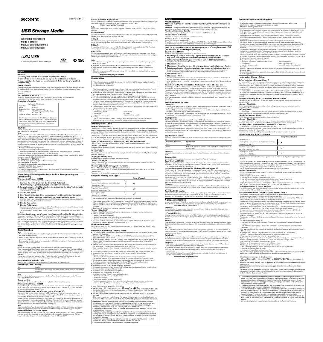 Sony USM128B installation manual Basic Operation, About Software Applications, Memory Stick Drive 