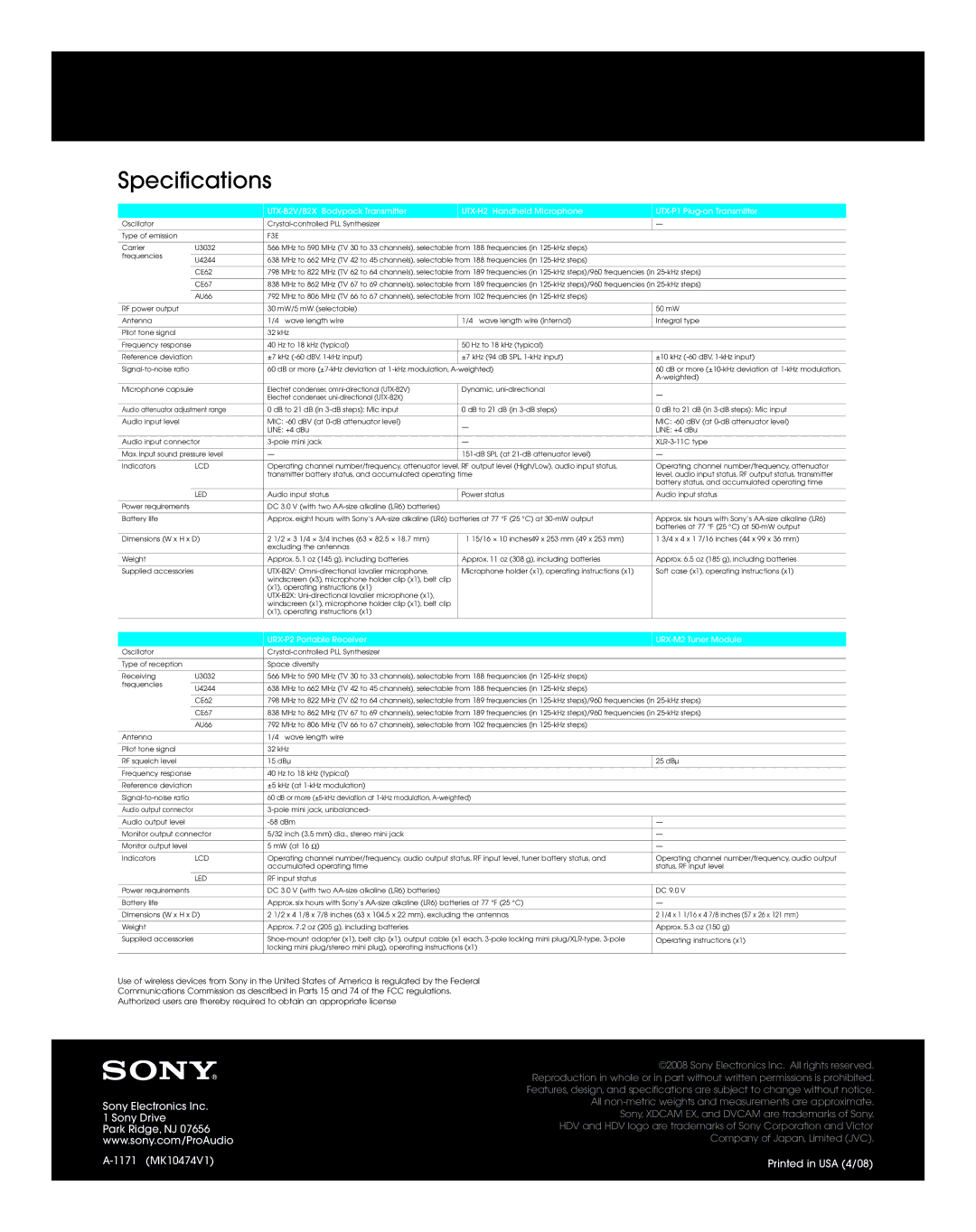 Sony UWP Series manual Specifications, Sony Electronics Inc Sony Drive 1171 MK10474V1 