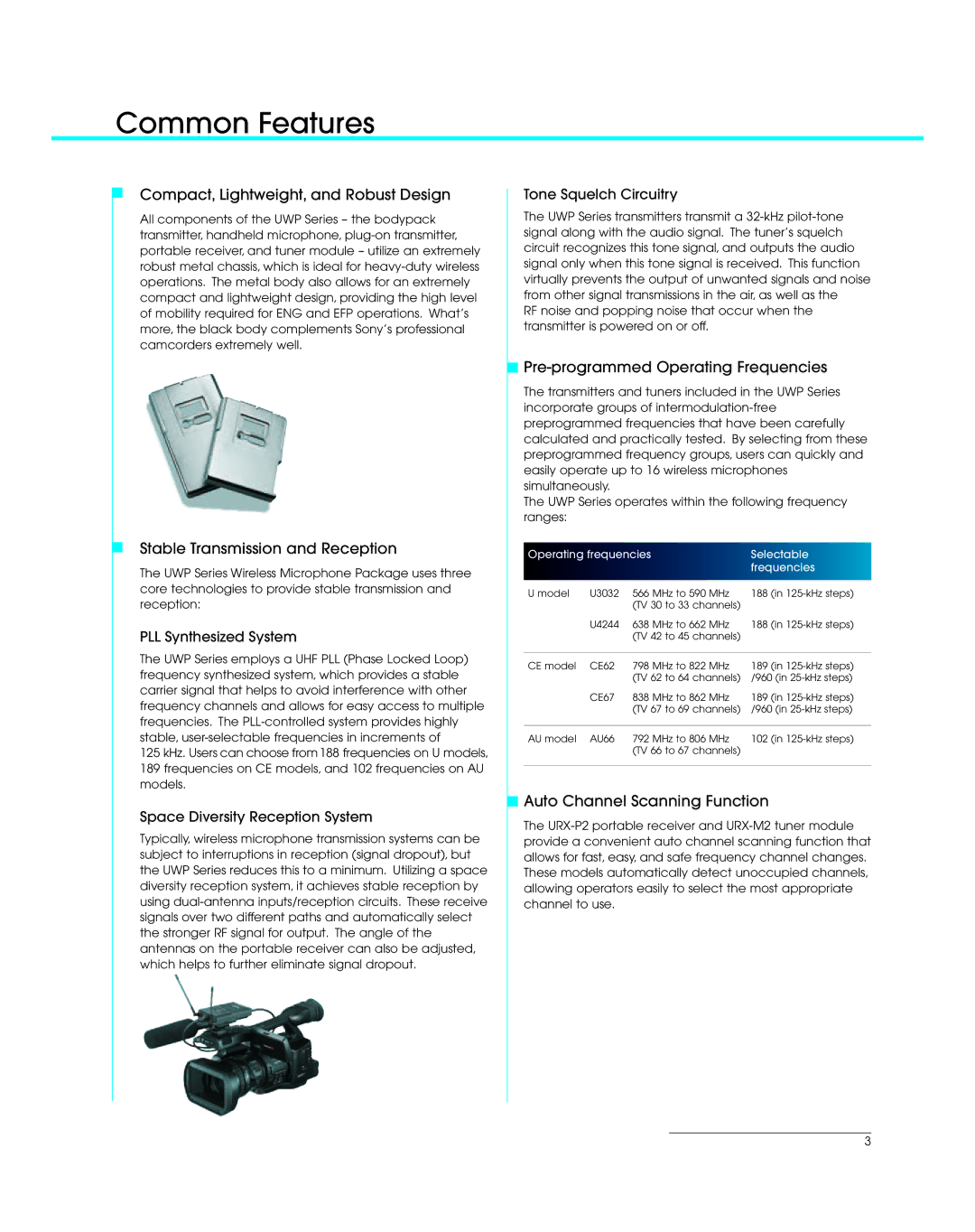 Sony UWP Series manual Common Features, Operating frequencies Selectable Frequencies 