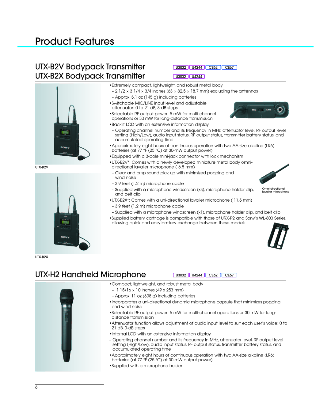 Sony UWP Series Product Features, UTX-B2V Bodypack Transmitter UTX-B2X Bodypack Transmitter, UTX-H2 Handheld Microphone 