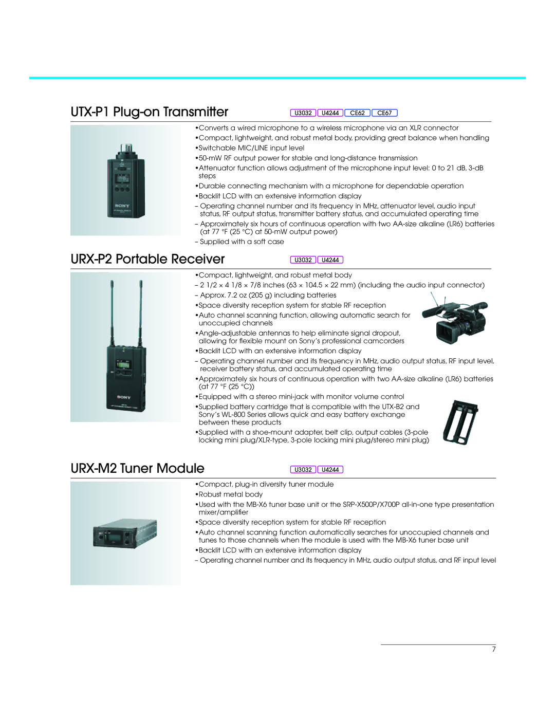 Sony UWP Series manual UTX-P1 Plug-on Transmitter, URX-P2 Portable Receiver, URX-M2 Tuner Module 