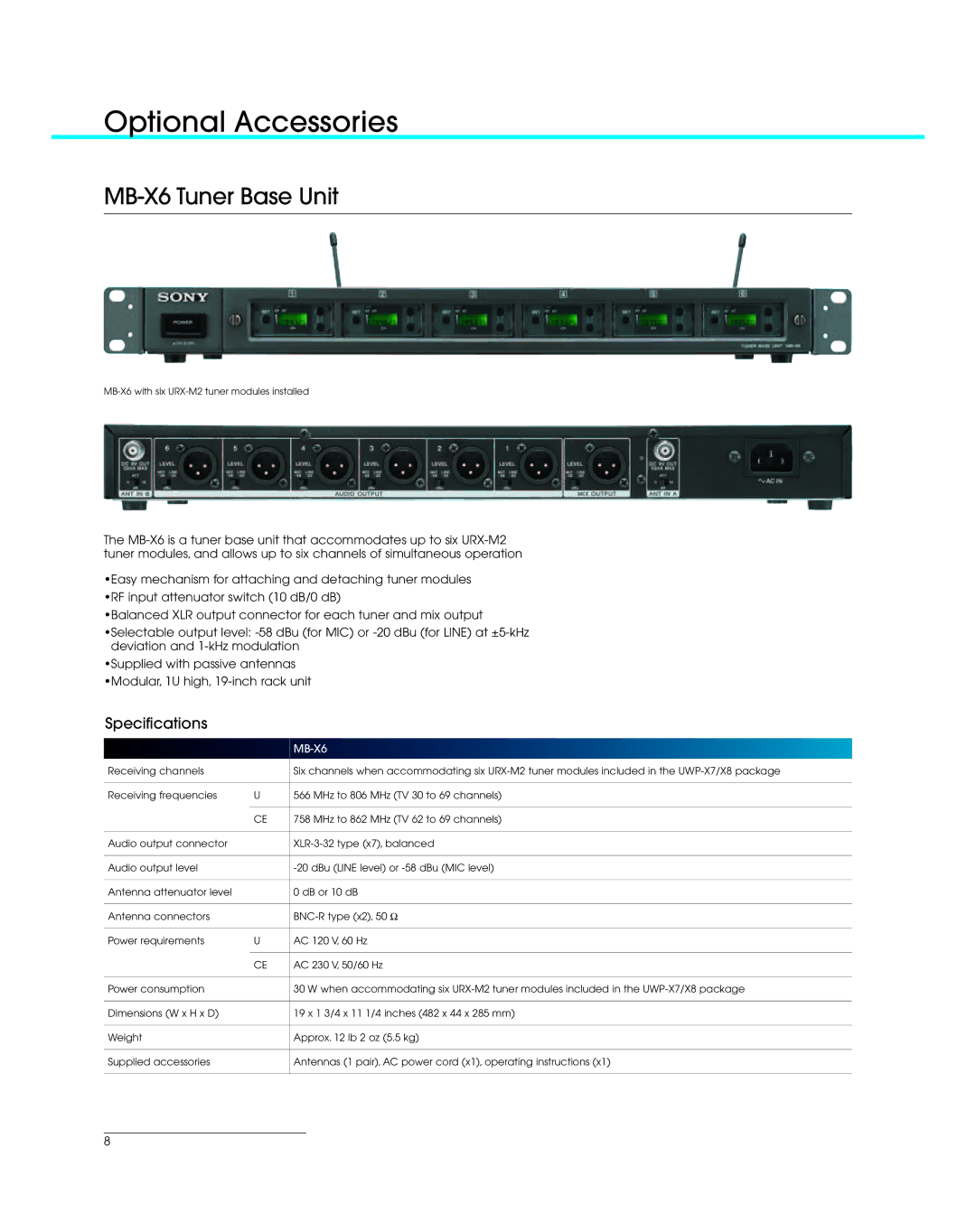 Sony UWP Series manual Optional Accessories, MB-X6 Tuner Base Unit 