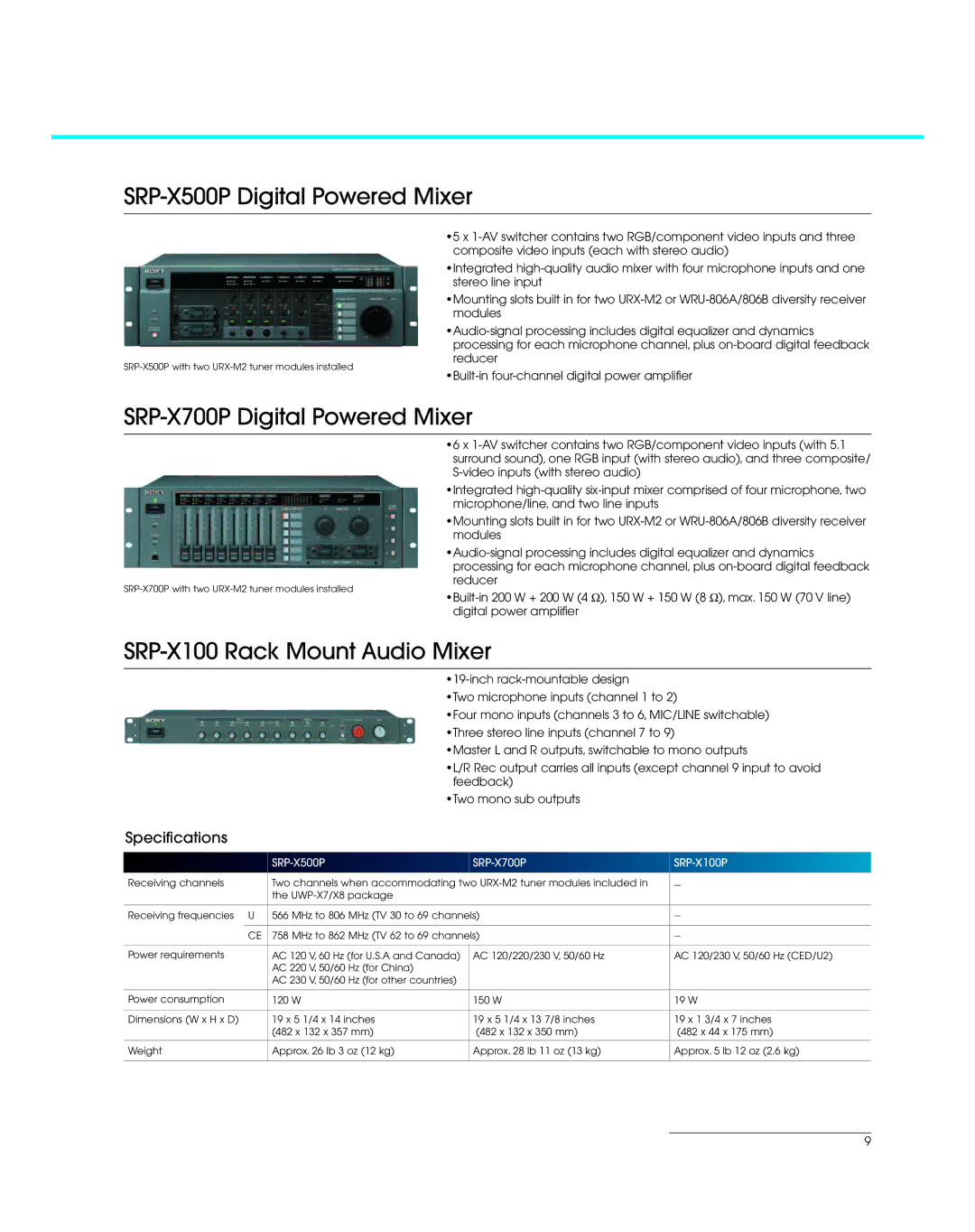 Sony UWP Series manual SRP-X500P Digital Powered Mixer, SRP-X700P Digital Powered Mixer, SRP-X100 Rack Mount Audio Mixer 