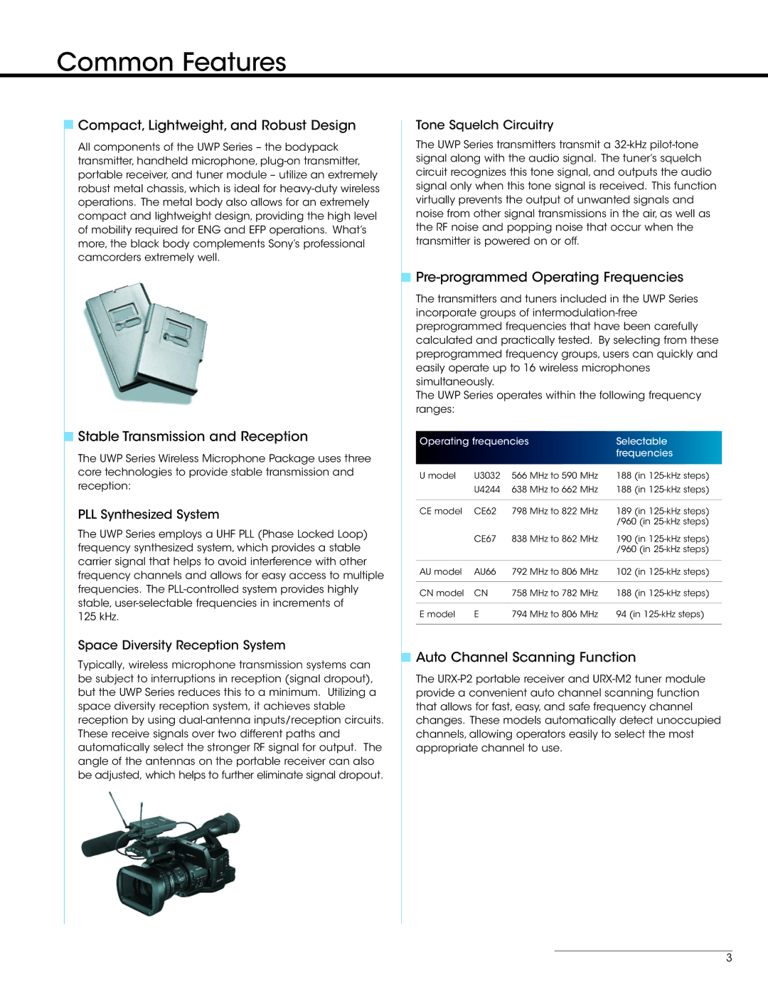 Sony UWP-V1 manual Common Features, Compact, Lightweight, and Robust Design 