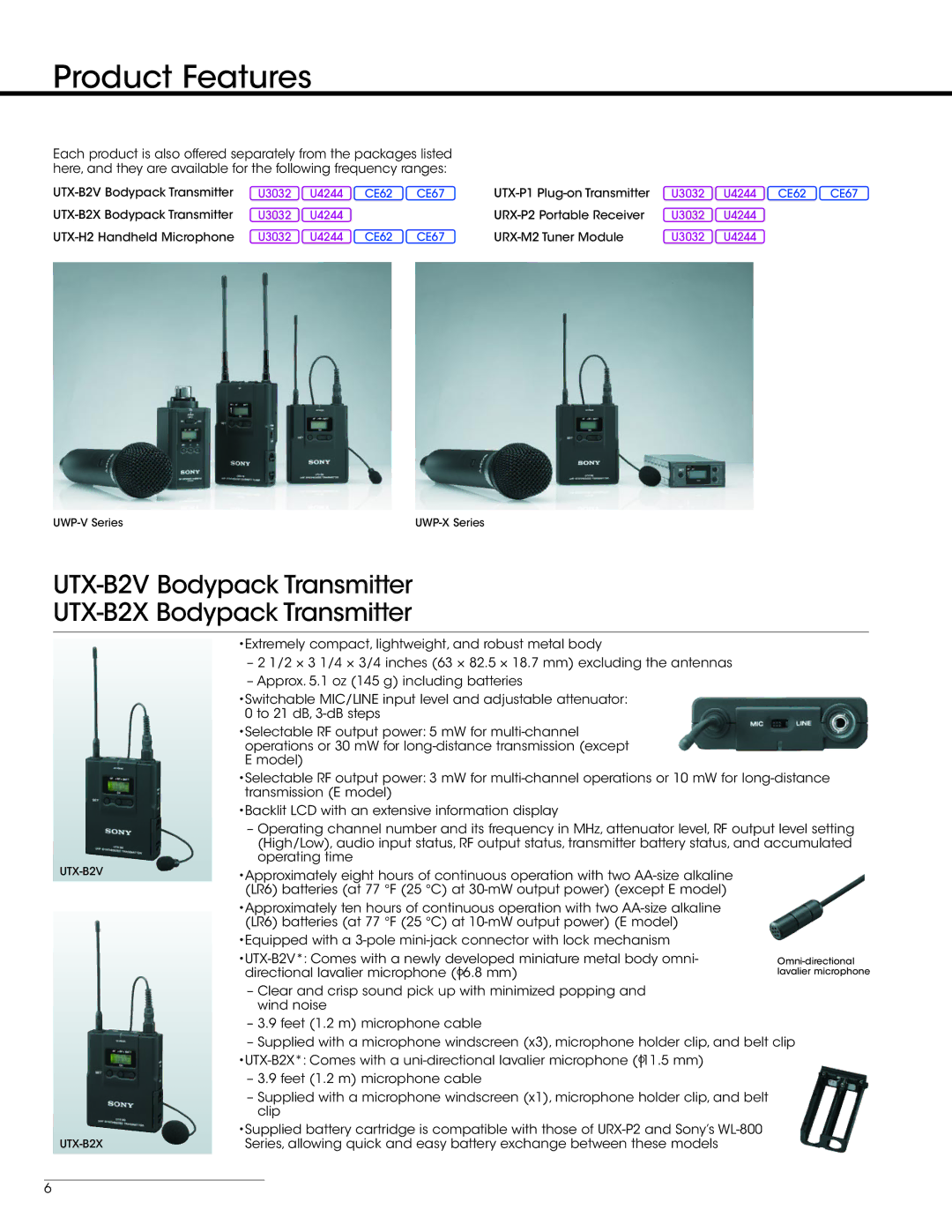 Sony UWP-V1 manual Product Features, UTX-B2V Bodypack Transmitter UTX-B2X Bodypack Transmitter 