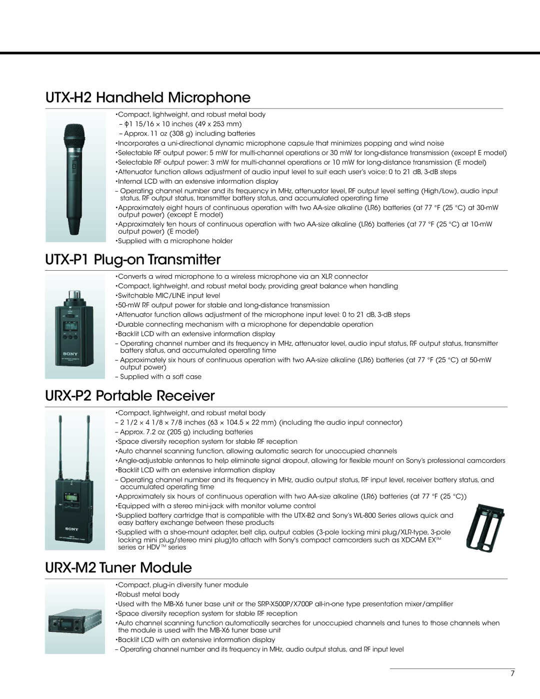 Sony UWP-V1 manual UTX-H2 Handheld Microphone, UTX-P1 Plug-on Transmitter, URX-P2 Portable Receiver, URX-M2 Tuner Module 