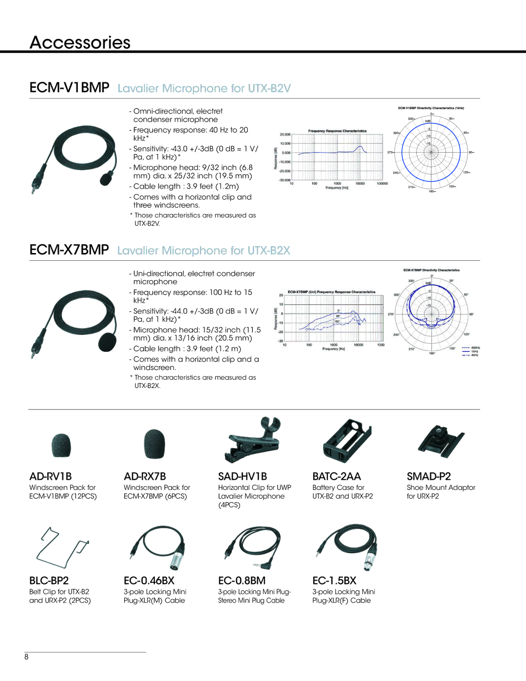 Sony UWP-V1 manual Accessories, ECM-V1BMPLavalier Microphone for UTX-B2V 