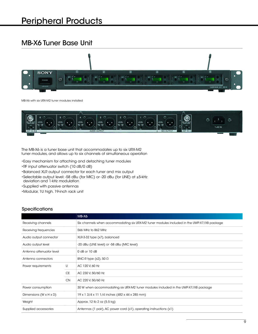 Sony UWP-V1 manual Peripheral Products, MB-X6 Tuner Base Unit 