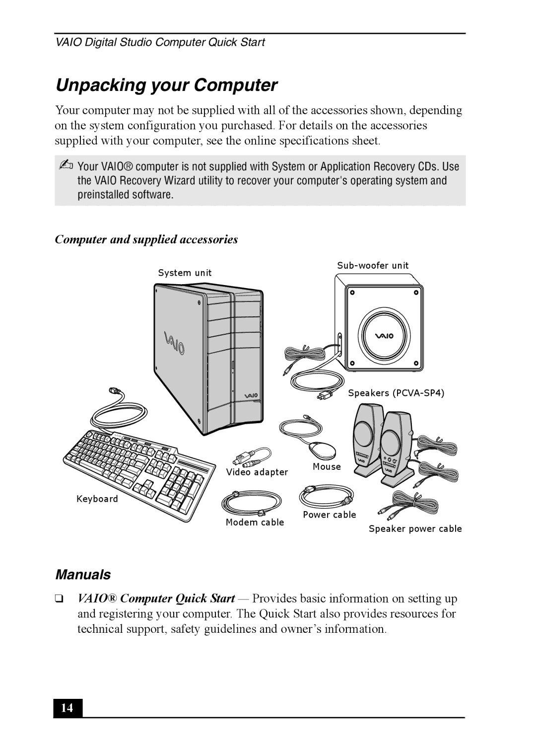 Sony VAIO DIGITAL STUDIO, PCV-RZ40 quick start Unpacking your Computer, Manuals, Computer and supplied accessories 