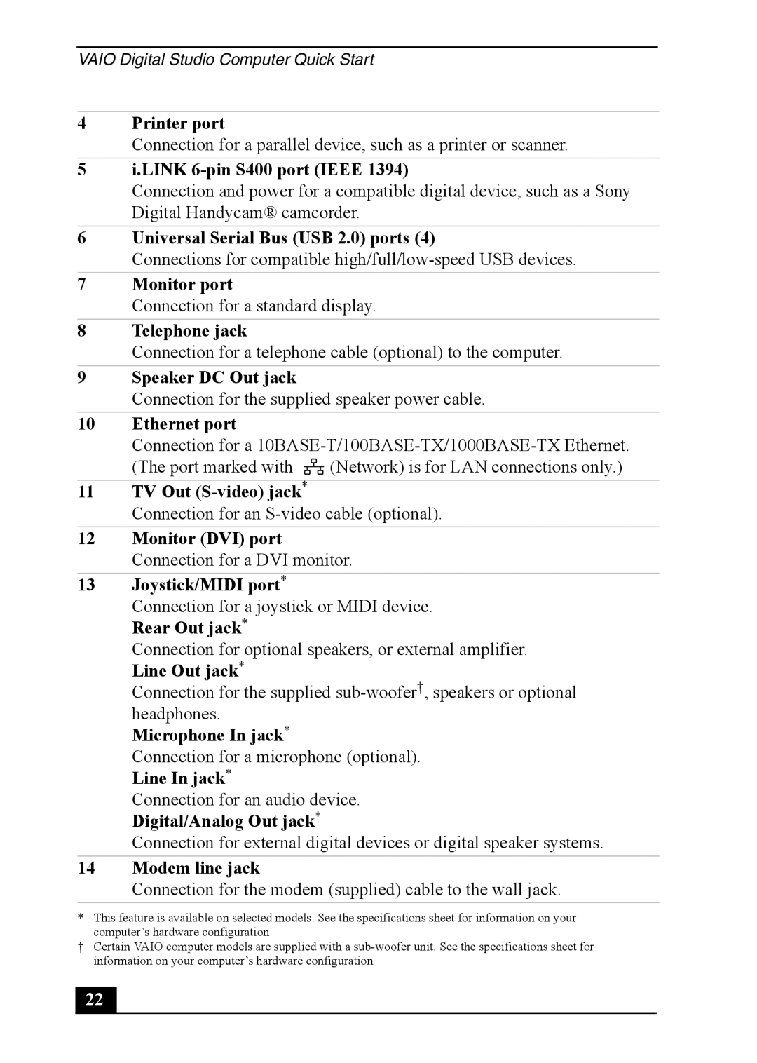 Sony VAIO DIGITAL STUDIO Printer port, Link 6-pin S400 port Ieee, Monitor port, Telephone jack, Speaker DC Out jack 