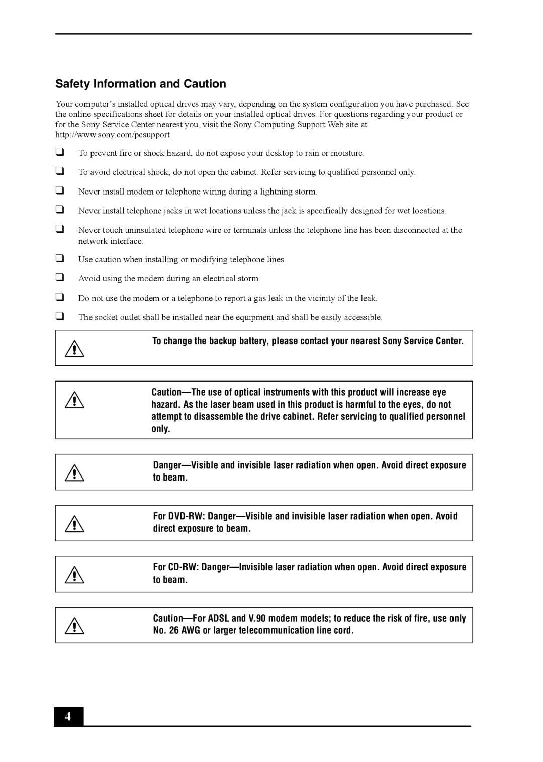 Sony VAIO DIGITAL STUDIO, PCV-RZ40 quick start Safety Information and Caution 