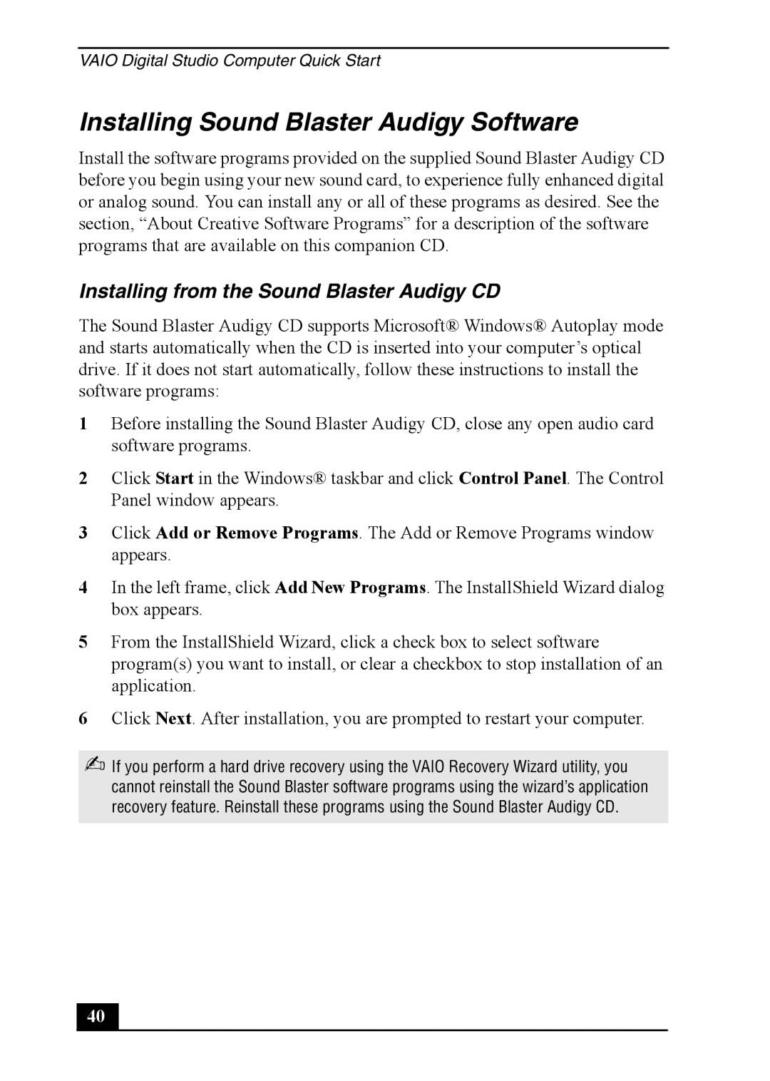 Sony VAIO DIGITAL STUDIO, PCV-RZ40 Installing Sound Blaster Audigy Software, Installing from the Sound Blaster Audigy CD 