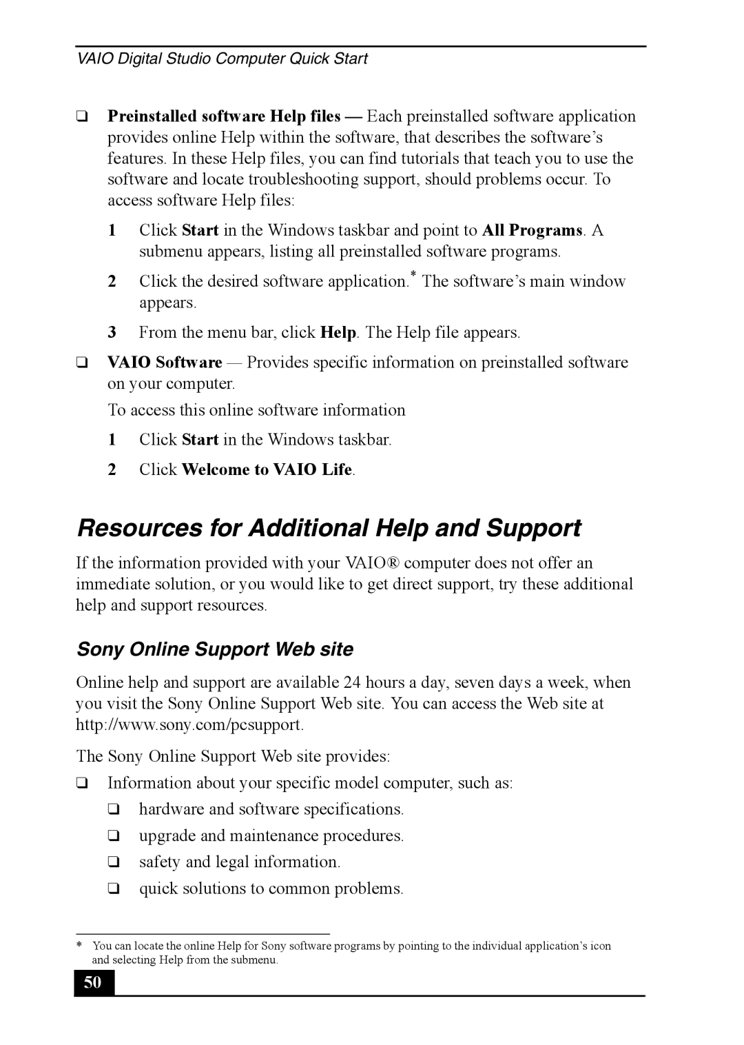 Sony VAIO DIGITAL STUDIO, PCV-RZ40 quick start Resources for Additional Help and Support, Sony Online Support Web site 