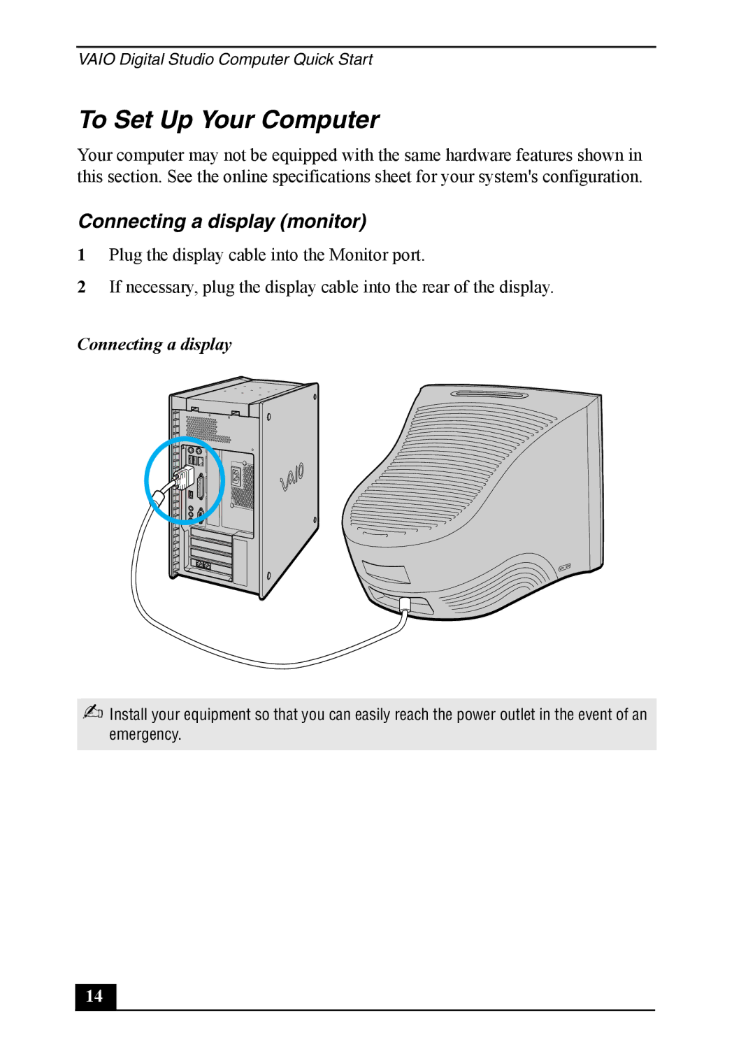 Sony Vaio Series quick start To Set Up Your Computer, Connecting a display monitor 