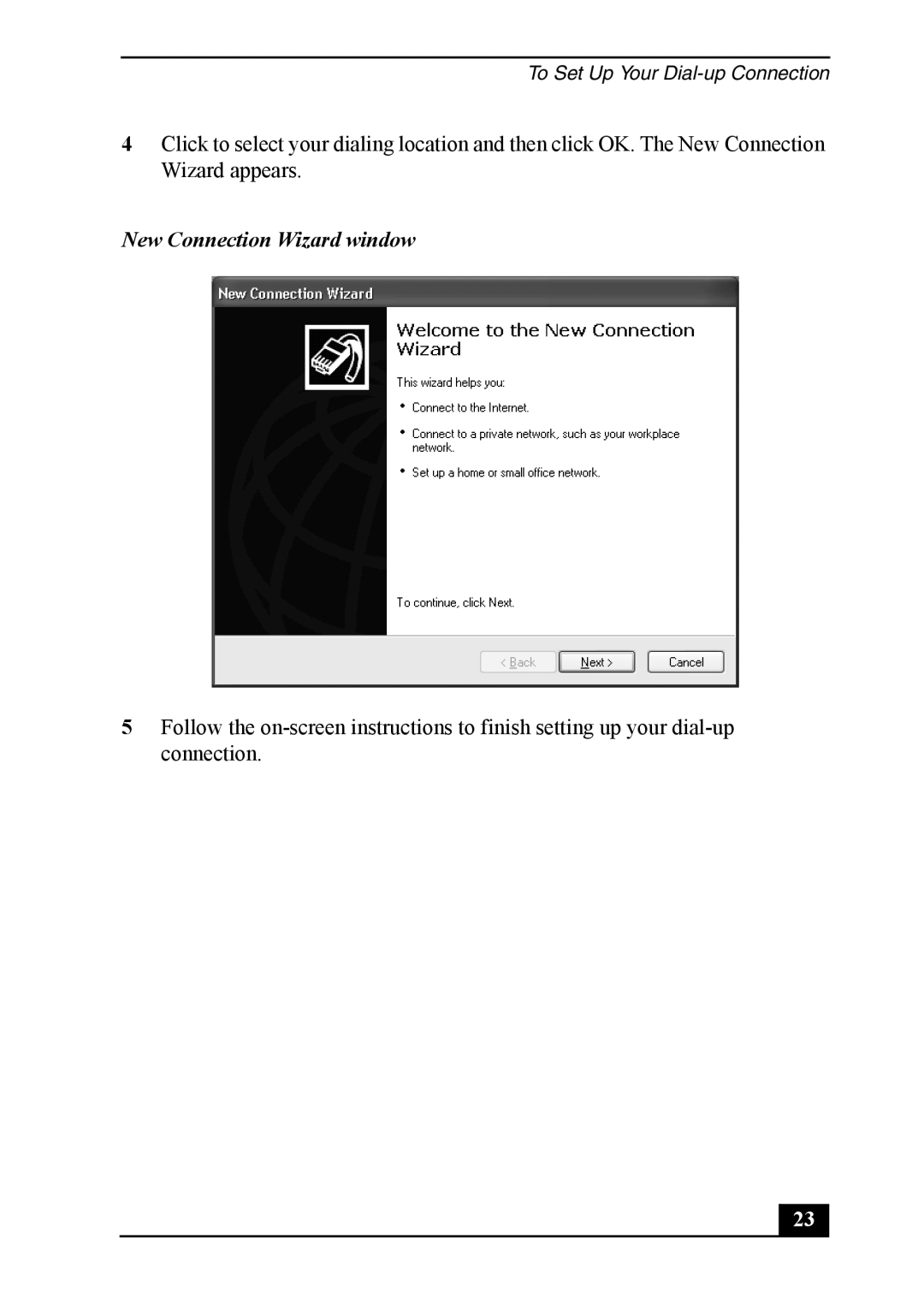 Sony Vaio Series quick start New Connection Wizard window 