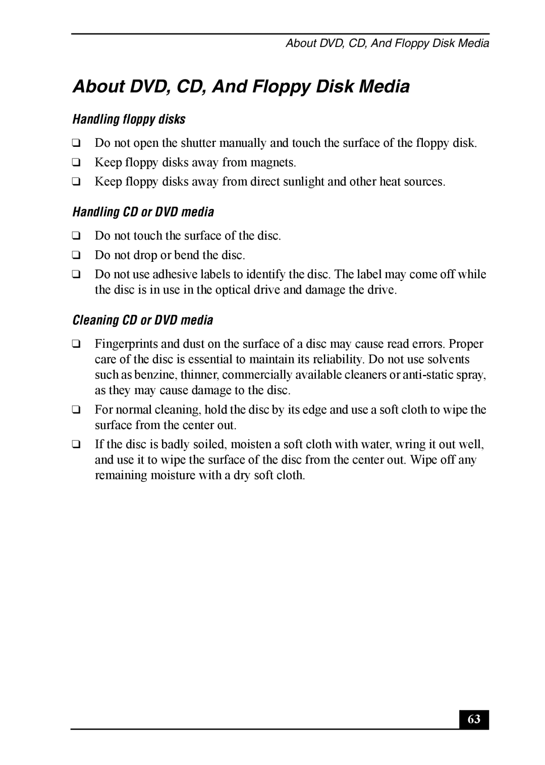 Sony Vaio Series quick start About DVD, CD, And Floppy Disk Media, Handling floppy disks, Handling CD or DVD media 