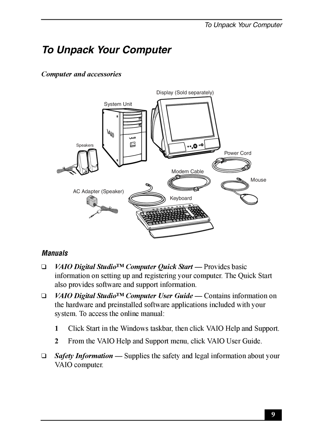 Sony Vaio Series quick start To Unpack Your Computer, Computer and accessories, Manuals 