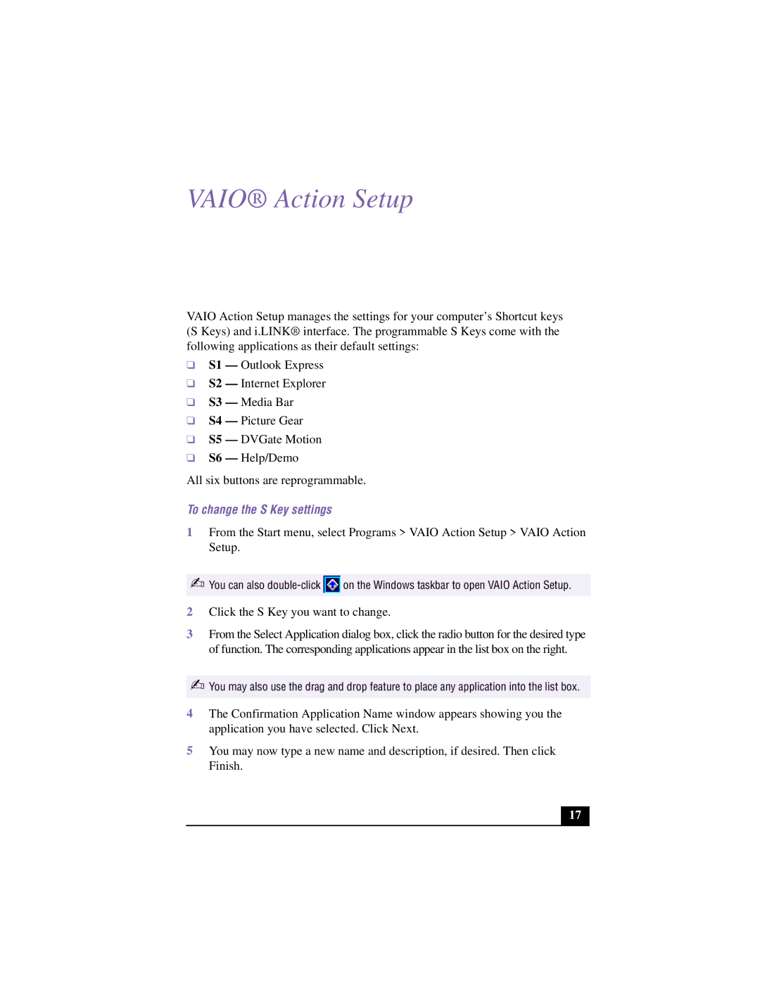 Sony VAIO manual Vaio Action Setup, To change the S Key settings 