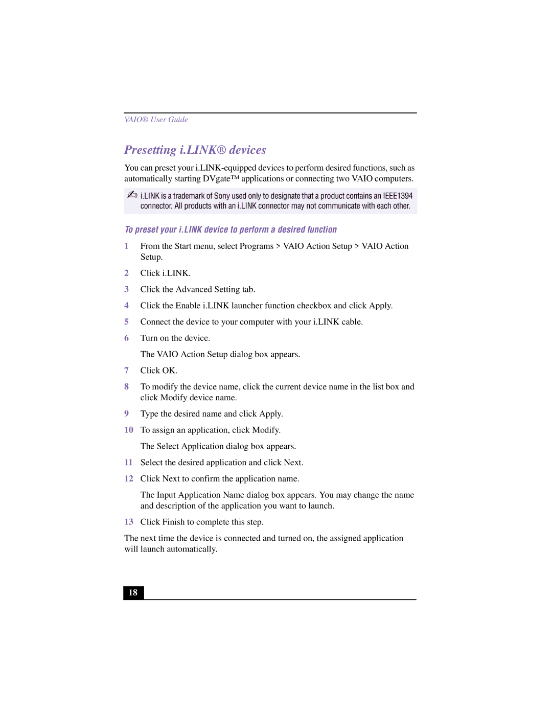 Sony VAIO manual Presetting i.LINK devices, To preset your i.LINK device to perform a desired function 