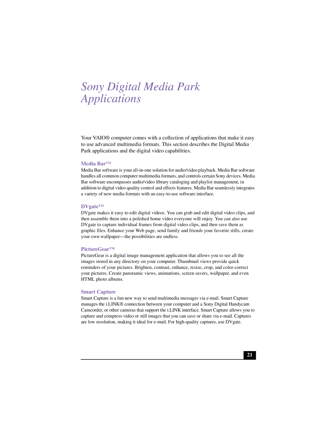 Sony VAIO manual Sony Digital Media Park Applications, Media Bar 