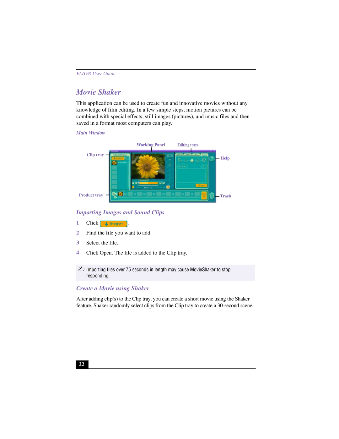 Sony VAIO manual Movie Shaker, Importing Images and Sound Clips, Create a Movie using Shaker 