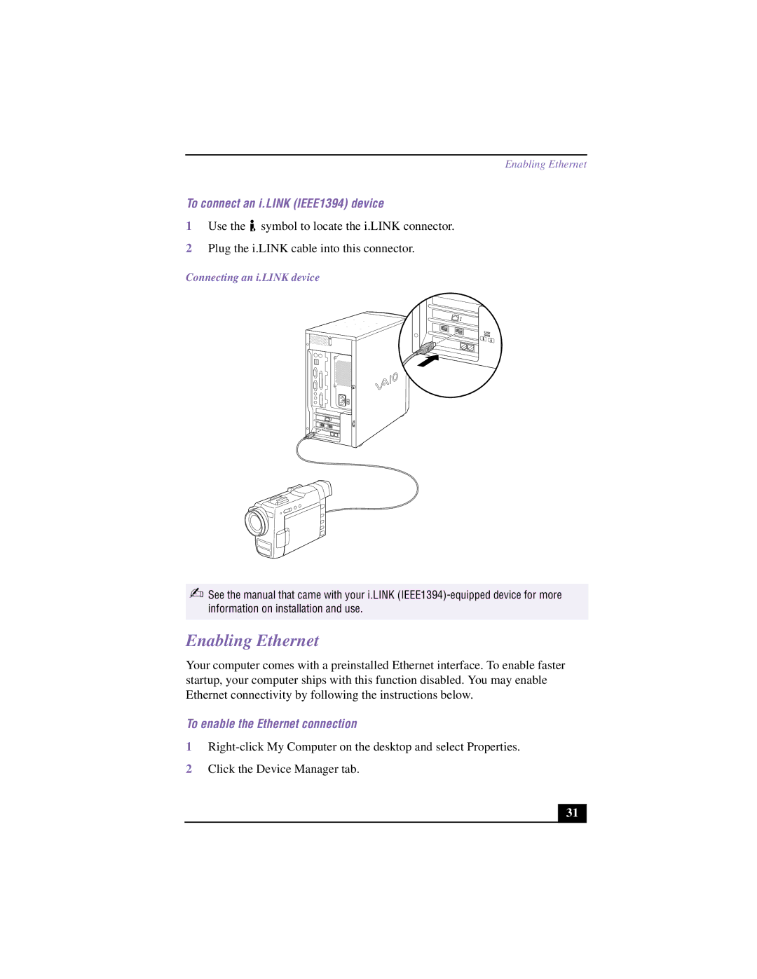 Sony VAIO manual Enabling Ethernet, To connect an i.LINK IEEE1394 device, To enable the Ethernet connection 