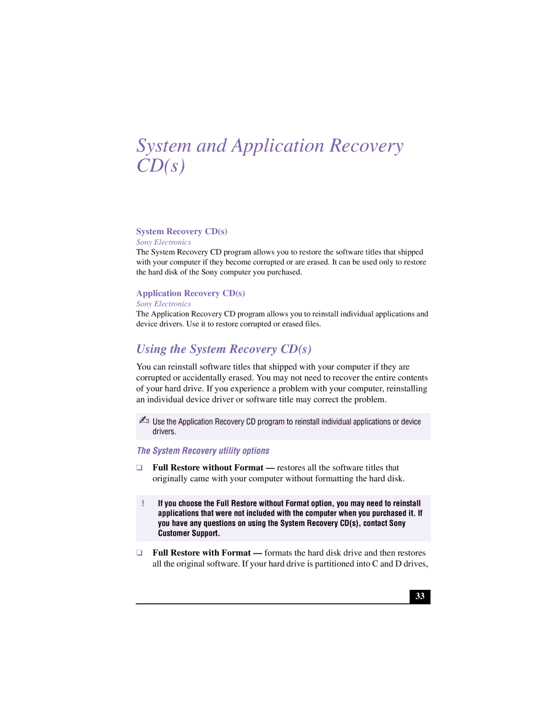 Sony VAIO manual System and Application Recovery CDs, Using the System Recovery CDs, System Recovery utility options 