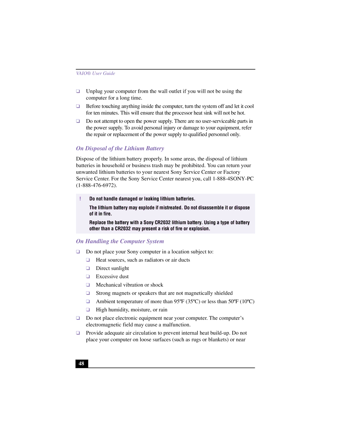 Sony VAIO manual On Disposal of the Lithium Battery, On Handling the Computer System 