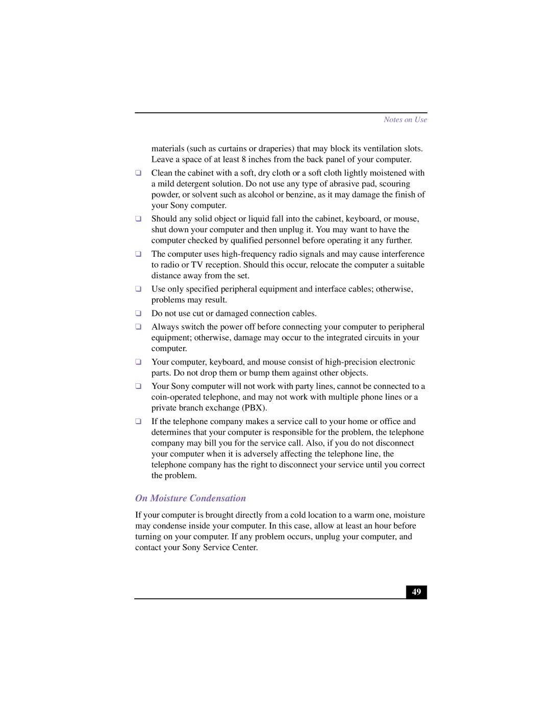 Sony VAIO manual On Moisture Condensation 