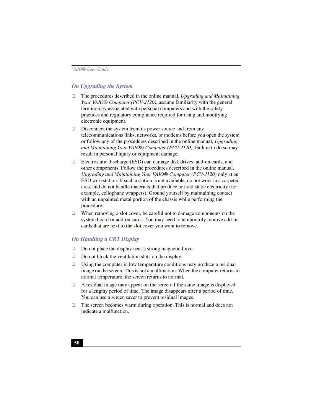 Sony VAIO manual On Upgrading the System, On Handling a CRT Display 