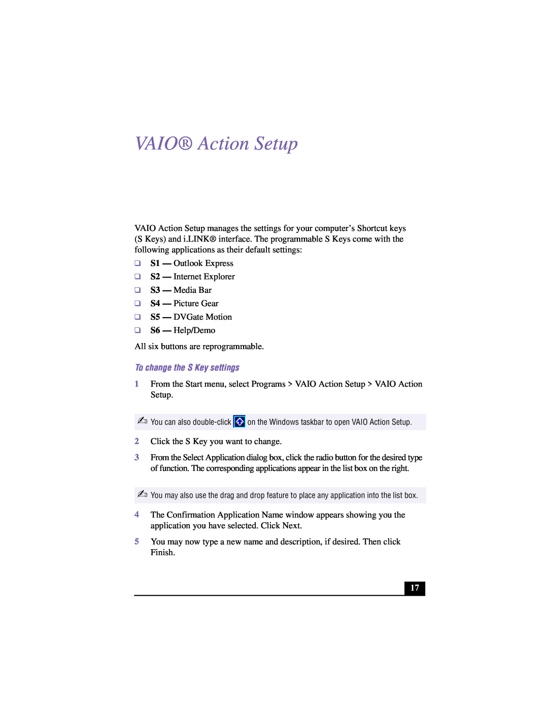 Sony manual VAIO Action Setup, To change the S Key settings 