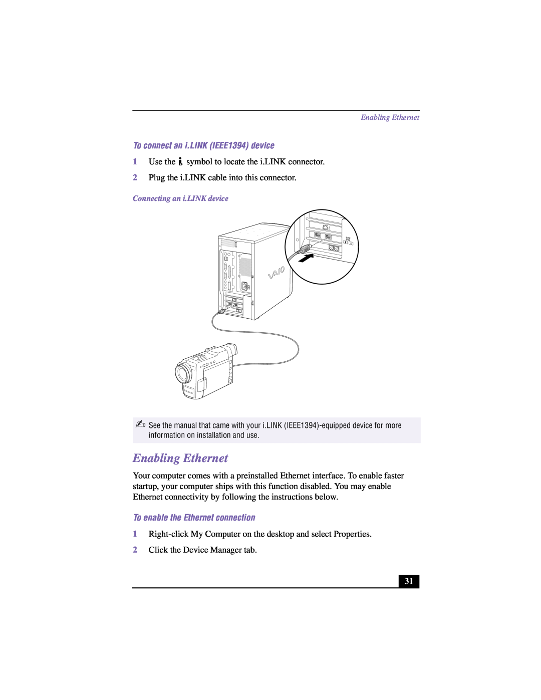 Sony VAIO manual Enabling Ethernet, To connect an i.LINK IEEE1394 device, To enable the Ethernet connection 