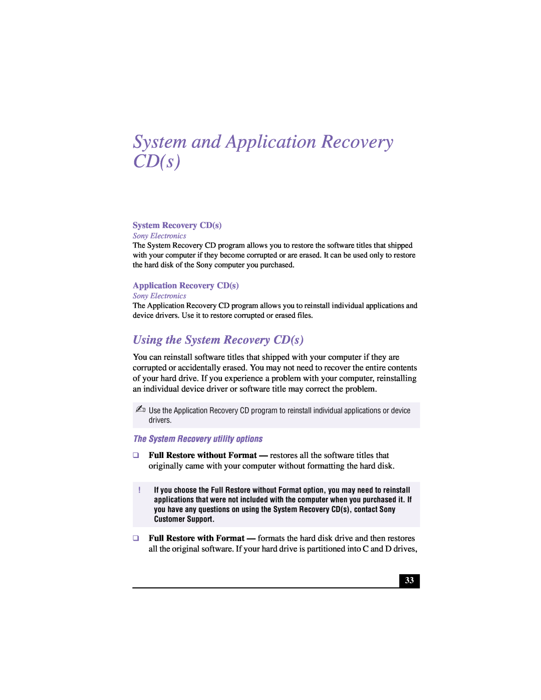 Sony VAIO manual System and Application Recovery CDs, Using the System Recovery CDs, The System Recovery utility options 