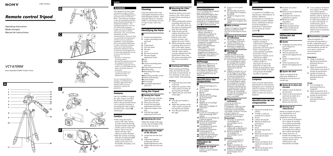 Sony VCT-670-RM operating instructions Cleaning, Identifying the Parts, Caractéristiques, Nettoyage, Funciones, Precaución 