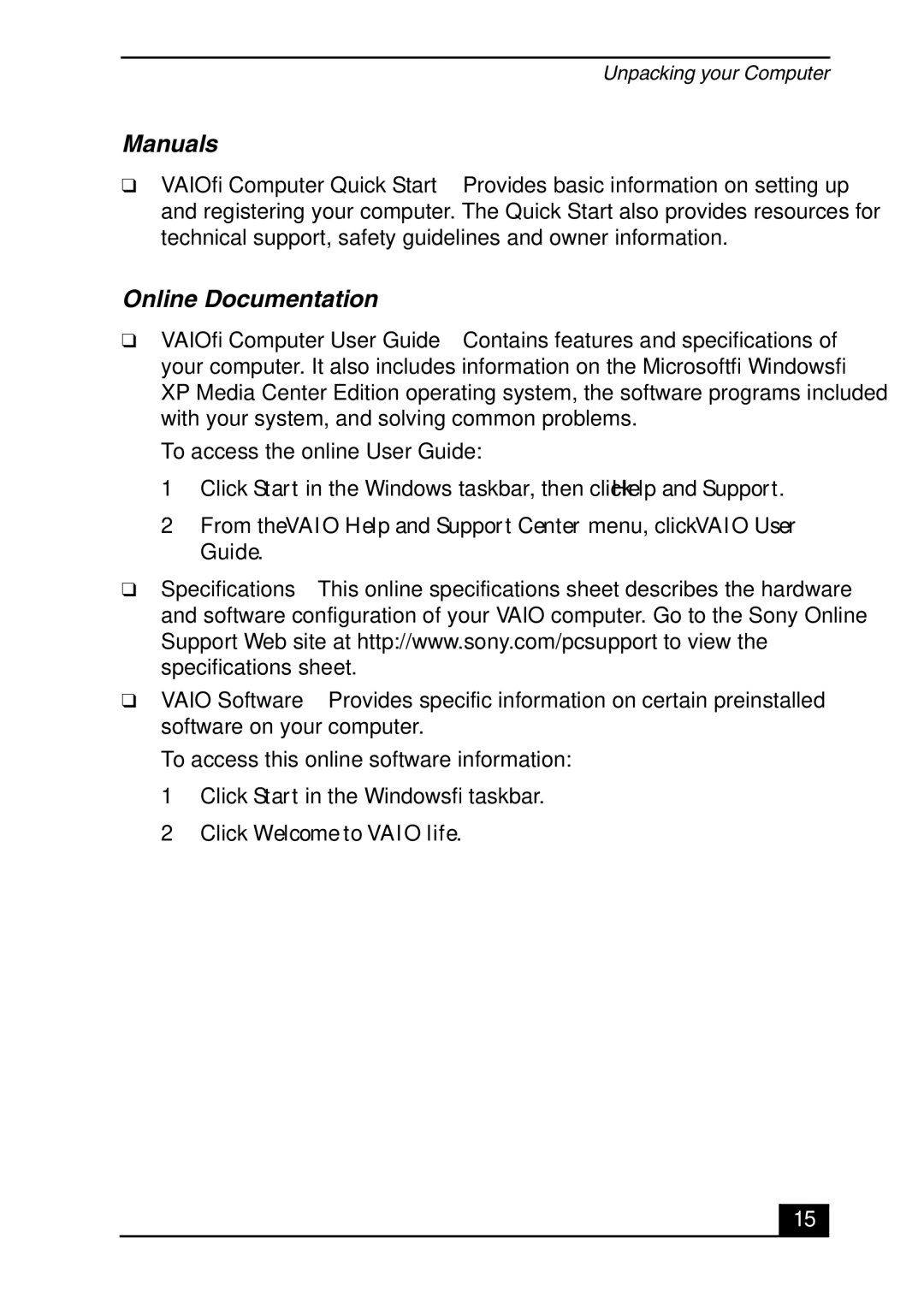 Sony VGC-RA700 quick start Manuals, Online Documentation 