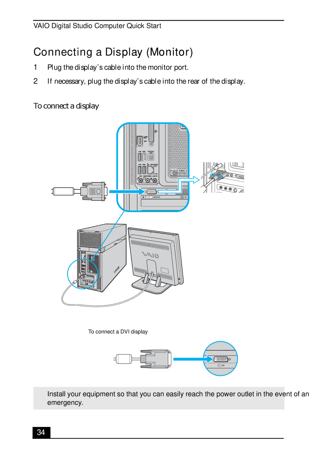 Sony VGC-RA700 quick start Connecting a Display Monitor, To connect a display 