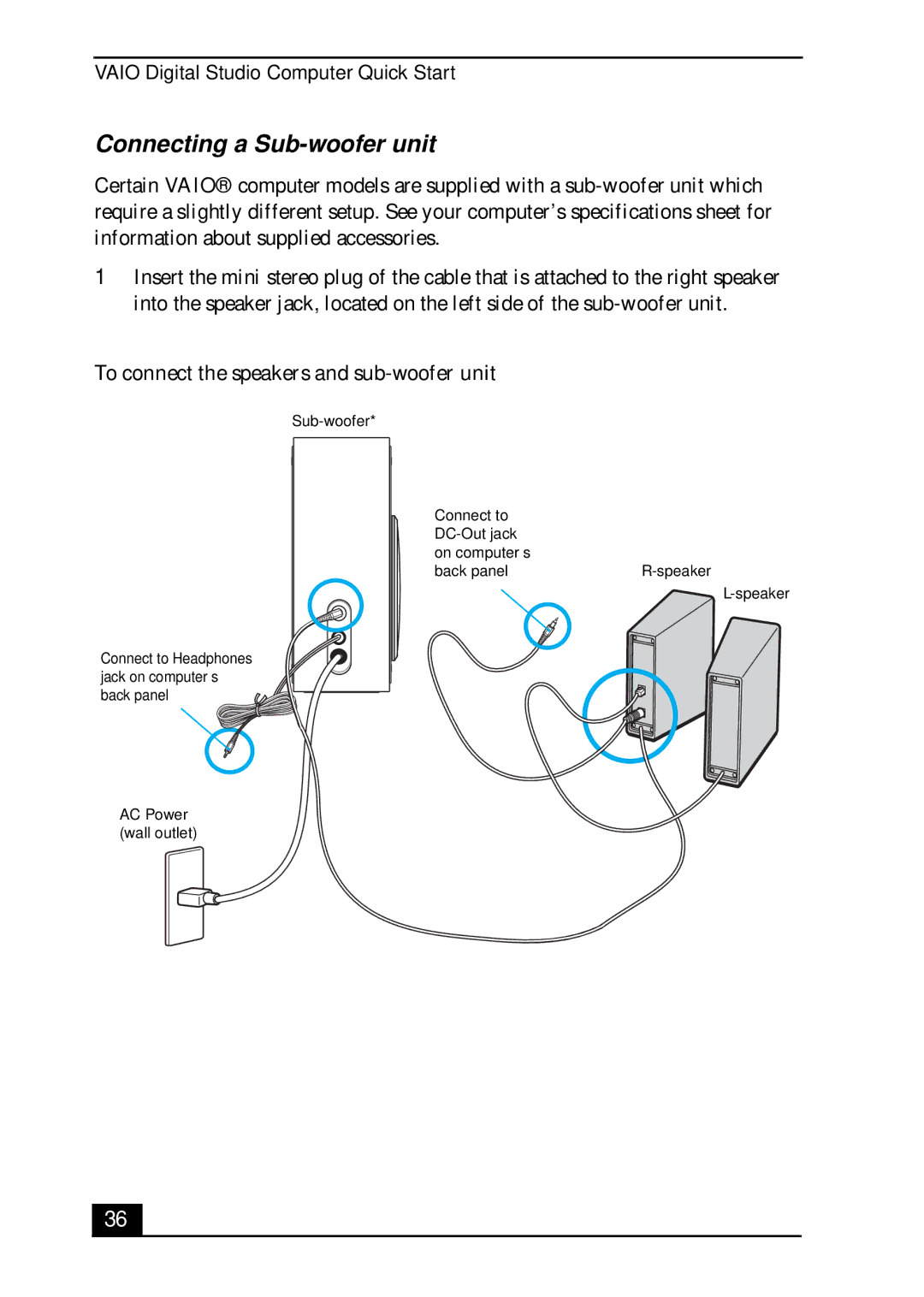 Sony VGC-RA700 quick start Connecting a Sub-woofer unit, To connect the speakers and sub-woofer unit 