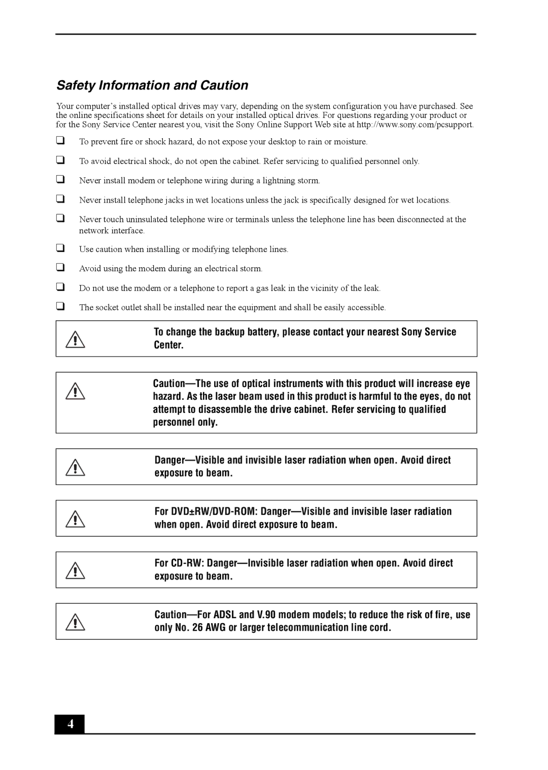 Sony VGC-RA700 quick start Safety Information and Caution 