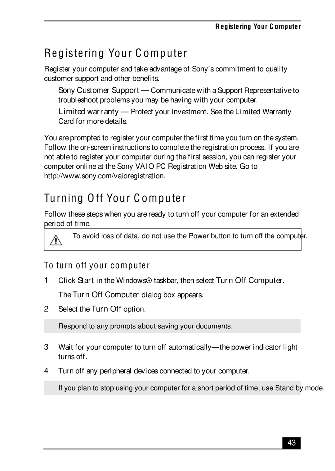 Sony VGC-RA700 quick start Registering Your Computer, Turning Off Your Computer, To turn off your computer 