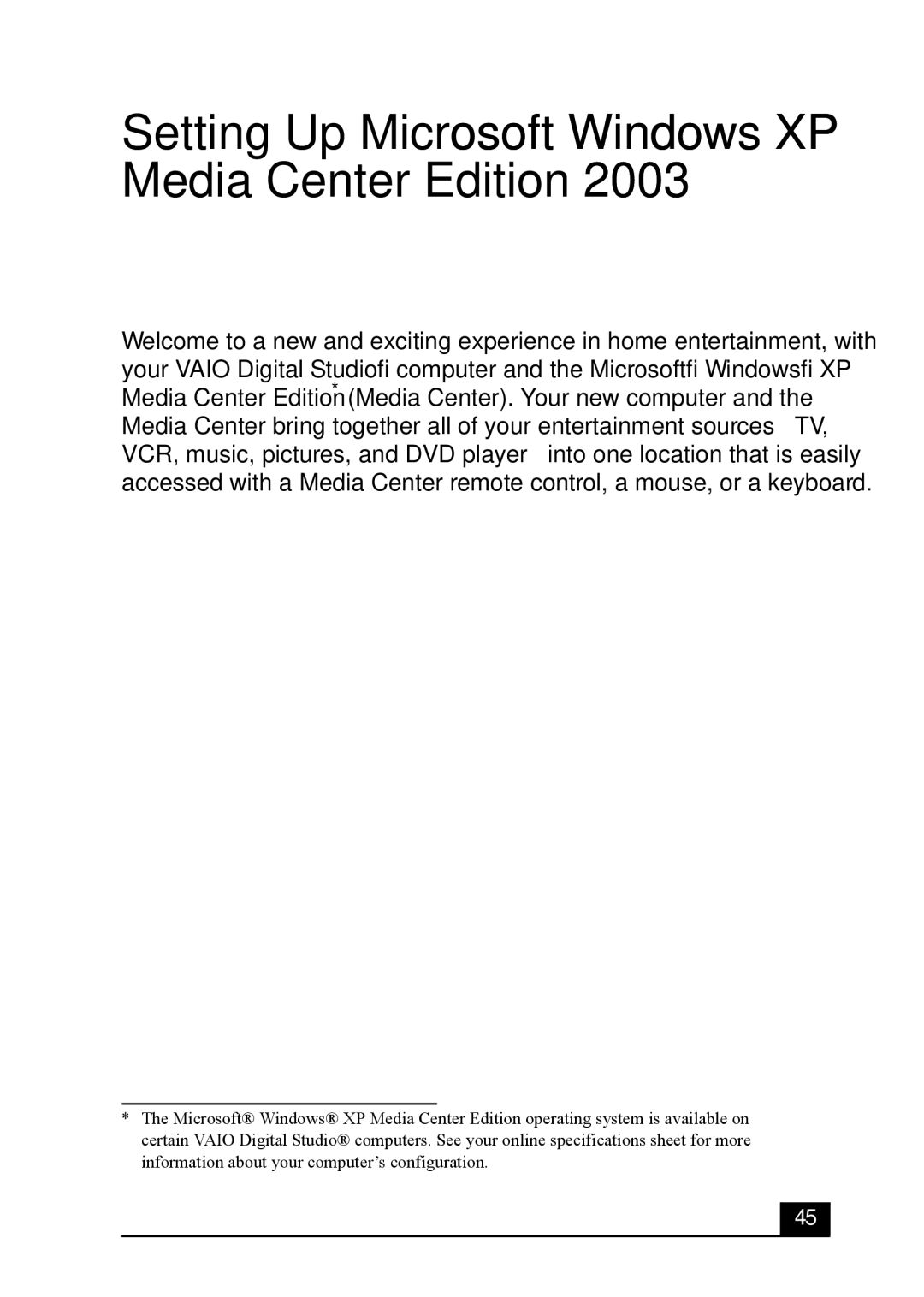 Sony VGC-RA700 quick start Setting Up Microsoft Windows XP Media Center Edition 