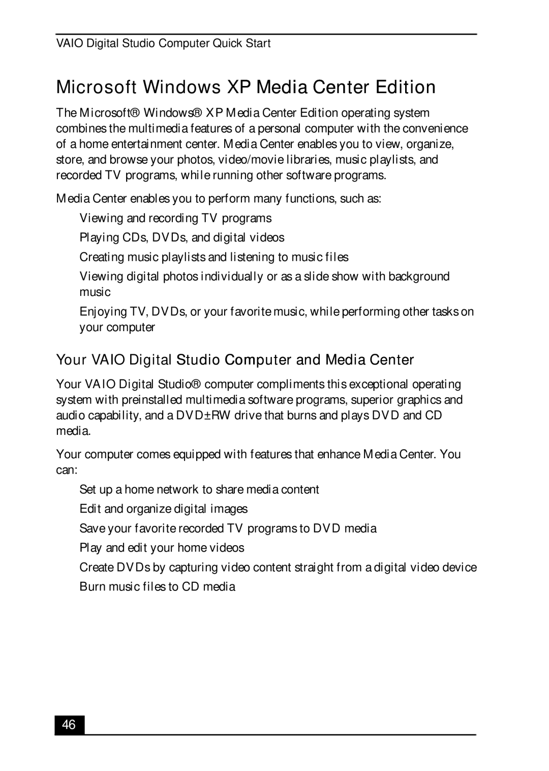 Sony VGC-RA700 quick start Microsoft Windows XP Media Center Edition, Your Vaio Digital Studio Computer and Media Center 