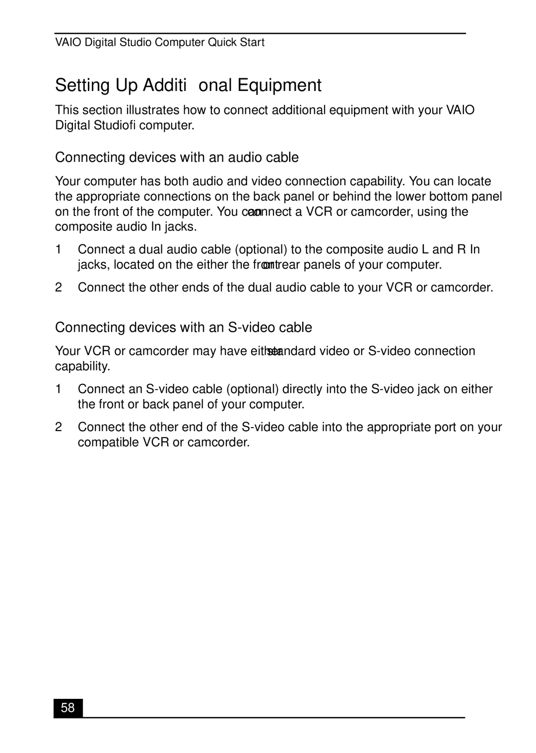 Sony VGC-RA700 quick start Setting Up Additional Equipment, Connecting devices with an audio cable 