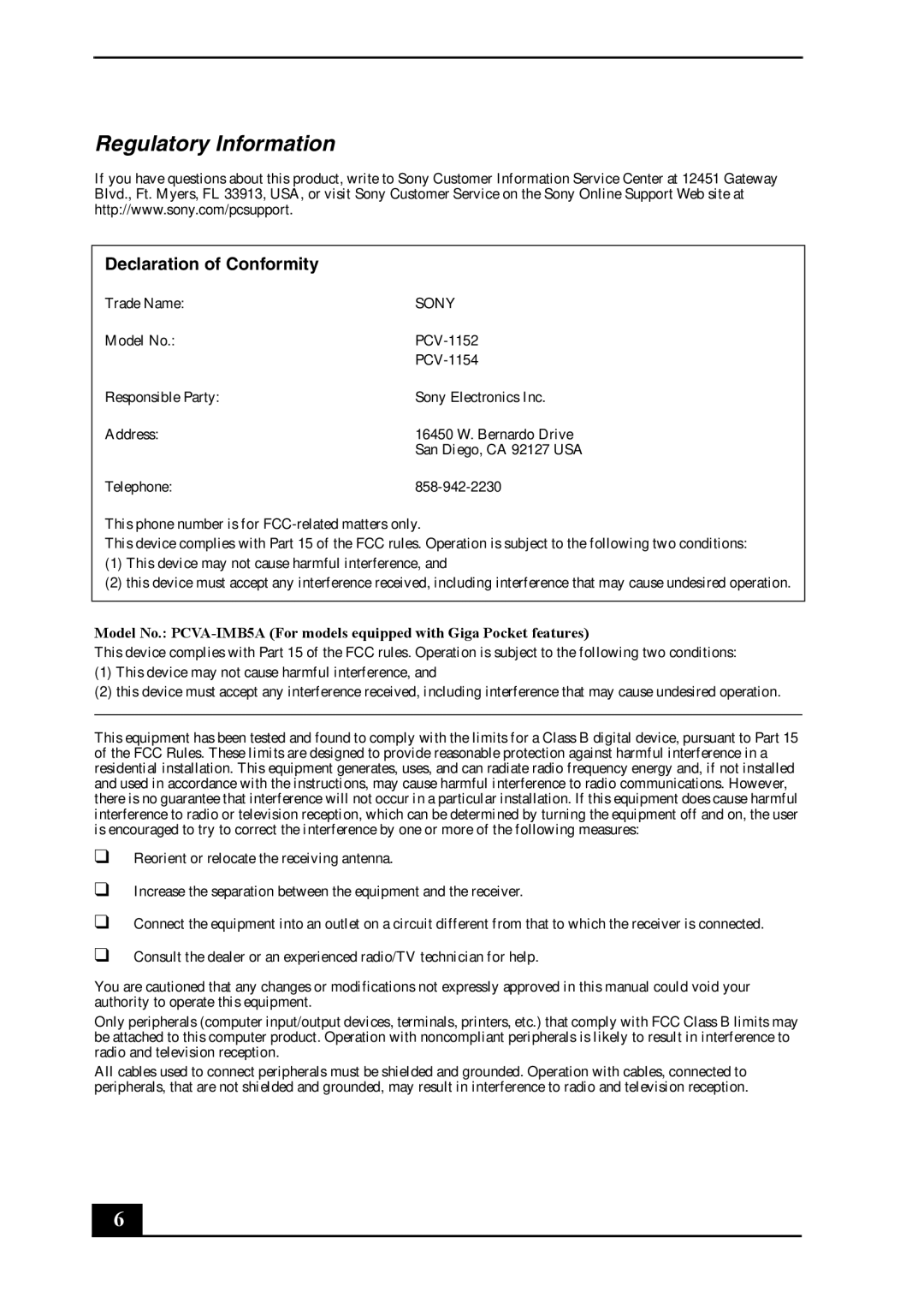 Sony VGC-RA700 quick start Regulatory Information 