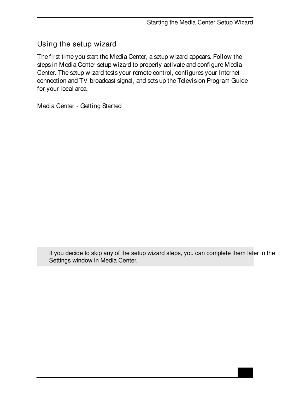 Sony VGC-RA700 quick start Using the setup wizard, Media Center Getting Started 