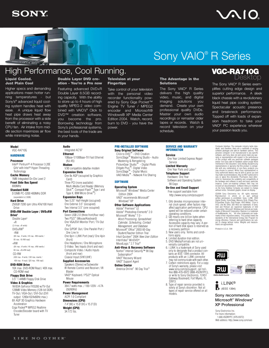 Sony VGC-RA710G dimensions Hardware, PRE-INSTALLED Software, Service and Warranty Information 