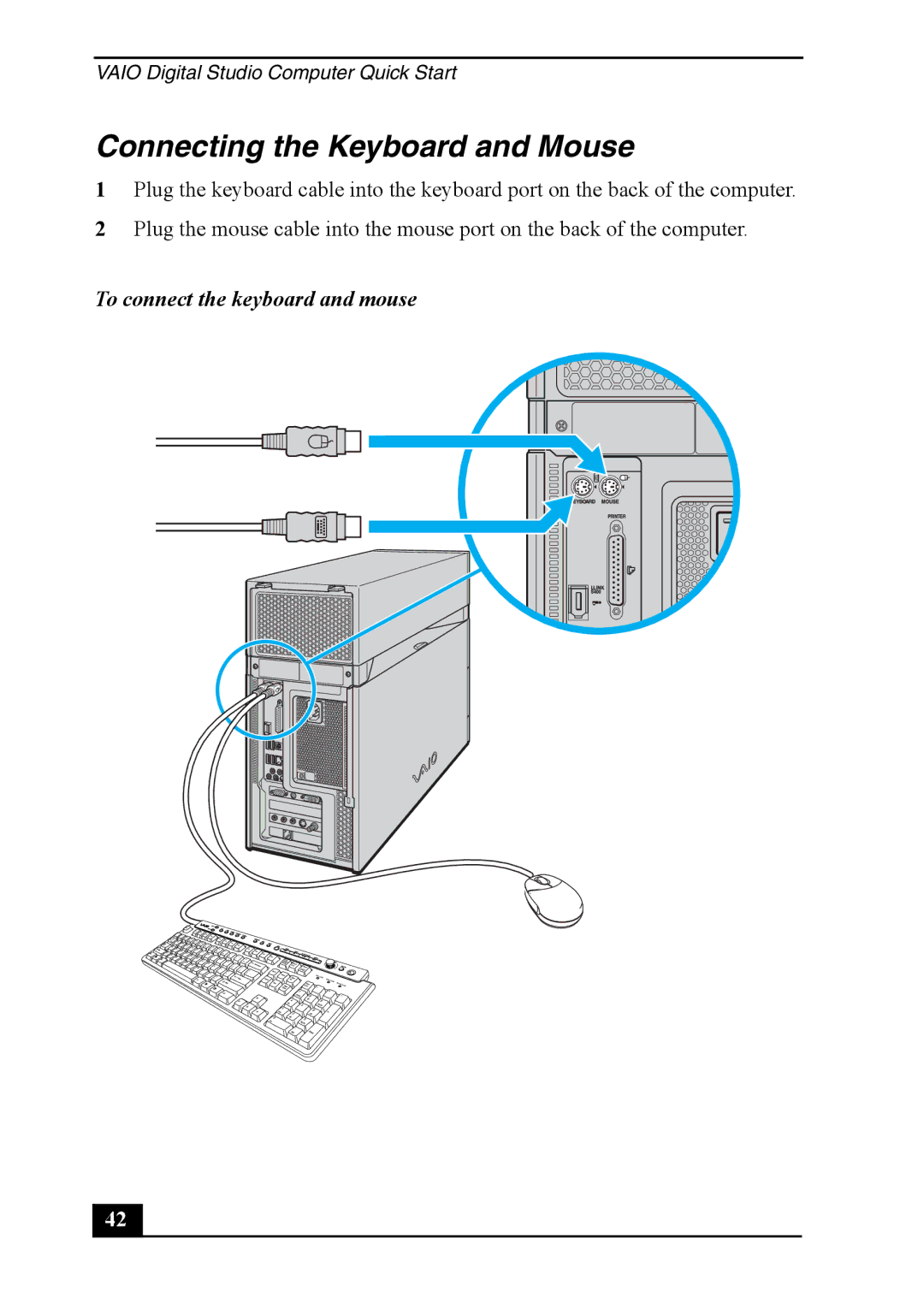 Sony VGC-RA820G, VGC-RA920G quick start Connecting the Keyboard and Mouse, To connect the keyboard and mouse 