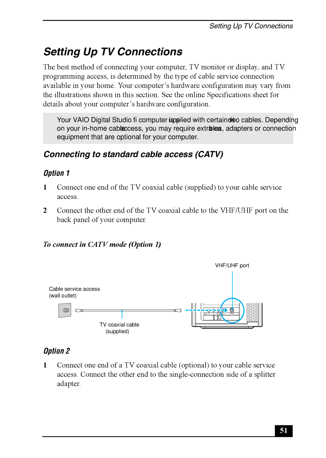 Sony VGC-RA920G, VGC-RA820G quick start Setting Up TV Connections, Connecting to standard cable access Catv, Option 